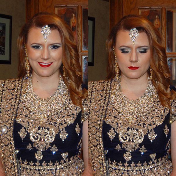 Bold glam makeup for this bride on her reception day; bridal makeup and hair by Naz Beauty