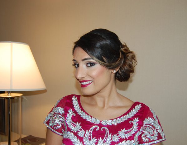 Signature red lips on the sister of the groom at the Sheraton in Mahwah, NJ - wedding party makeup and hair by Naz Beauty