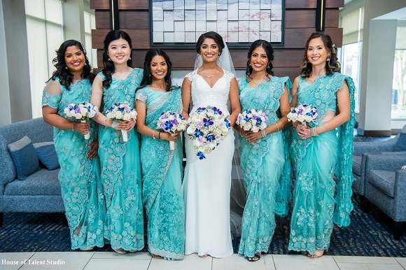 Merin's bridal party in blue sarees in Long Island, NY